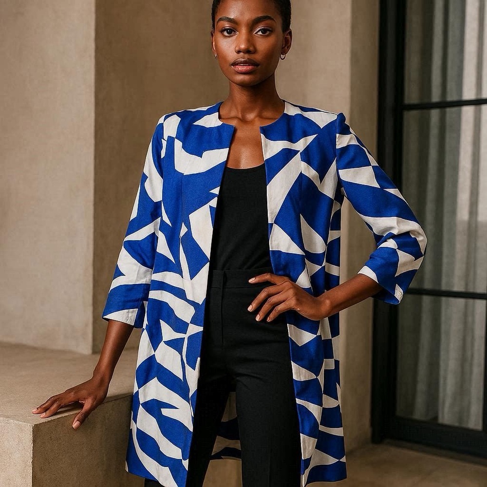 Chico’s Abstract Print Blue and White Summer Weight Blazer